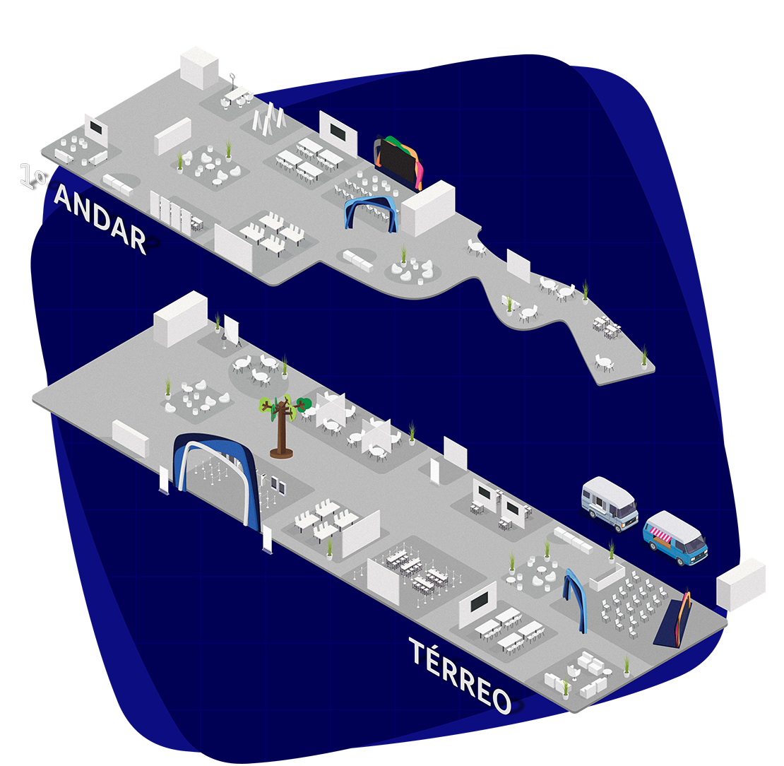 Mapa isométrico do térreo e do 1º andar com os pontos de experiências do evento
