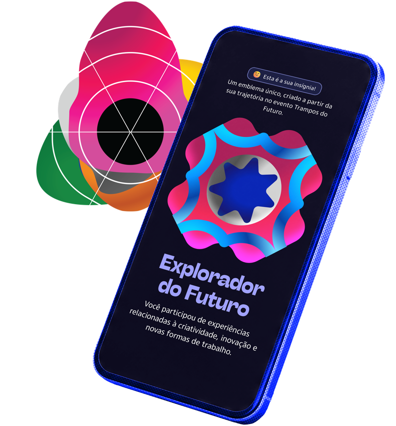 Celular com arte Explorador do Futuro e gráfico de perfil profissional