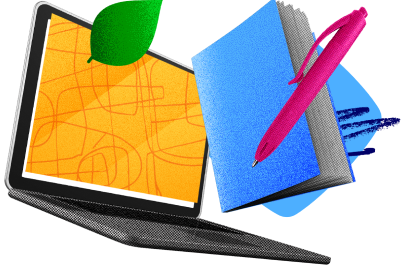 Ilustração de laptop e materiais representando o Espaço Carreiras